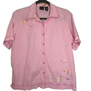 Erika Size Large Pink Short Sleeve Shirt‎ Butterfly Button Up Linen Blend  VTG